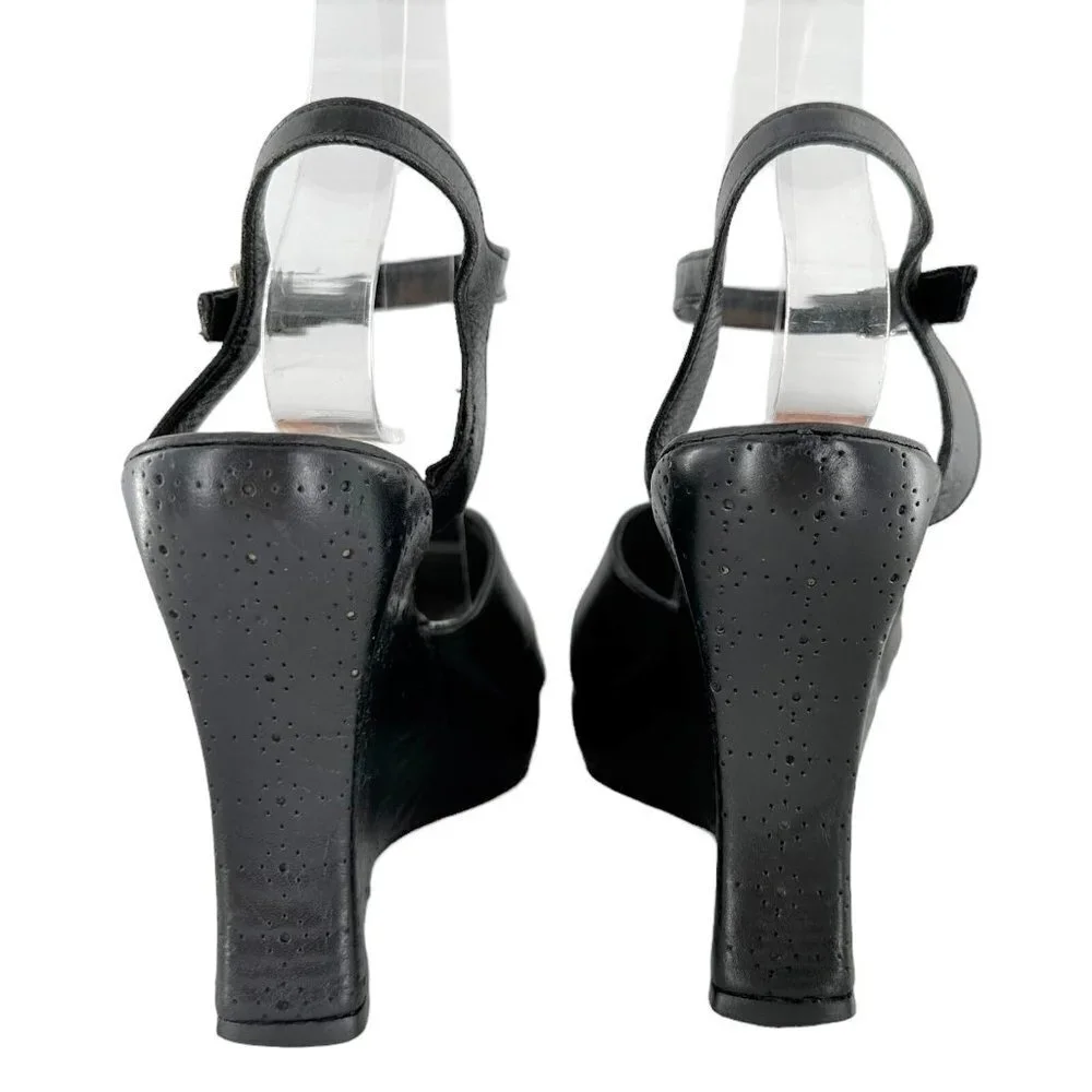 Robert Clergerie Black Leather Ankle Strap Peep Toe Wedge Heels Size 6.5